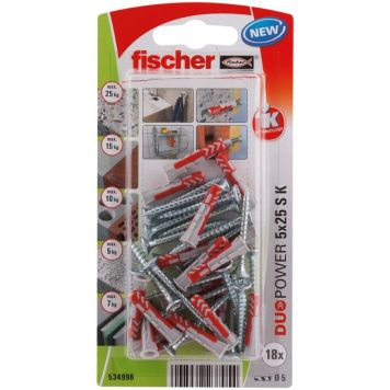 Tappar alhliða Duopower Fischer 5x25mm 18stk með skrúfum