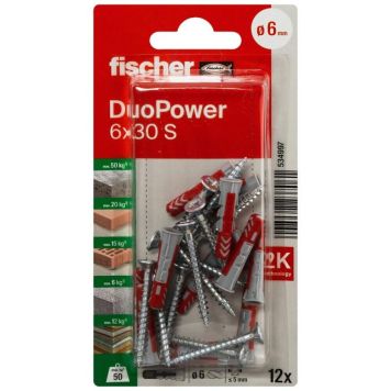 Tappar alhliða Duopower Fischer 6x30mm 12stk með skrúfum